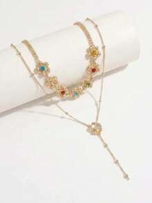1Pc Alloy Double Layer Stackable Choker, Colorful Rhinestone Flower Y‑Drop Necklace, Retro Atmosphere Jewelry For Women Party - Gold - View 2