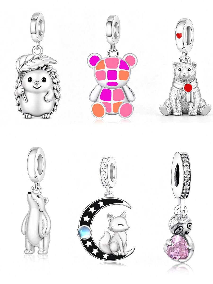 1pc Cartoon Wild Animal Beaded Series Polar Bear, Puzzle Bear, Moon Fox, Sloth, Hedgehog Pendant, DIY Jewelry Accessory, Compatible With Snake Chain, Women's Bracelet Accessory, Perfect Gift For Pet Lovers - Silver - View 1