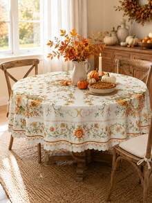 1Pc French Country Floral Tablecloth, Cream Apricot Autumn Flower Polyester Rectangular/Round Dining Table Cover With Vintage Decorative Border, Elegant Fall Kitchen Decor For Thanksgiving, Holiday Dinner, Farmhouse Home Styling - Multicolor - View 6