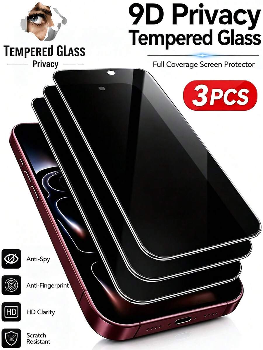 3pcs 17 Pro Max 6.9 Inch 18/18 Pro/18 Pro Max/Privacy Tempered Glass Screen Protector, Phone Screen Protector, Suitable For Daily Office And Home Use, Waterproof, Shockproof, Anti-Drop, Anti-Scratch, Anti-Fingerprint, Full Coverage - Black - View 1