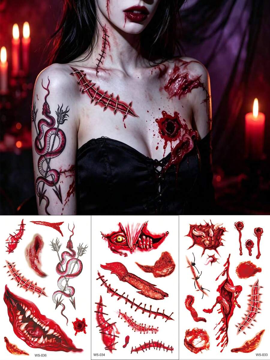3PCSRealistic Halloween Fake Scar Tattoo Stickers, Waterproof Temporary Wound Decals For Zombie Vampire Cosplay, Halloween Party Costume Accessories