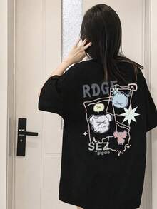 休闲宽松卡通印花短袖T恤，百搭，春夏款 - 高級黑 - 查看 1