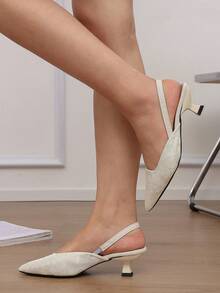 Women's Beige Floral Jacquard Slingback Pumps, Pointed Toe Elastic Back Strap Kitten Heel Sandals, Elegant Daily Commute Dress Shoes - Beige - View 7