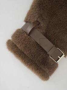 Women's Brown Faux Fur Stand Collar Jacket, Front Zipper With Buckle Decor, Long Sleeve Warm Winter Coat - Brown - View 7
