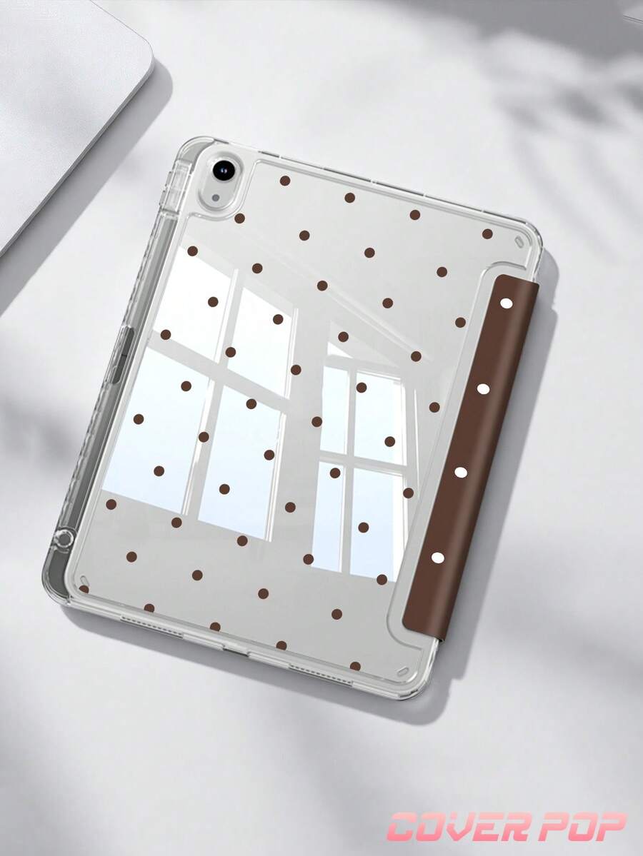 1pc Vintage Brown Polka Dot Y-Fold Protective Case, Compatible With IPad Air 8(M4)2026/ 11(A16)2025/ Air 7(M3)2025/ 10th Gen/Mini 7/6, Multi-Angle Folding Stand, High Transparency Anti-Drop Back Panel, Built-In Pencil Slot, Auto Wake/Sleep, Minimalist Academic Style Exquisite Desk Decor, Learning Office Cafe Atmosphere Tablet Accessory