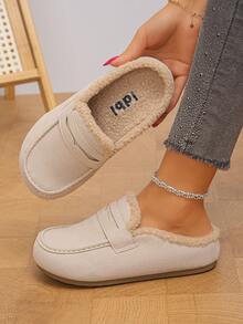 Women's Thermal Lined Loafer Slippers, Faux Suede Mule Slides, Flat Warm Outdoor Thermal Slippers - Beige - View 3