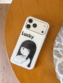 1件裝 黑白卡通女孩印花手機殼，銀色波點邊框「Lucky」字母大相機窗亮面硬殼保護套，適用 18 Pro Max、17、16 Pro、15 Pro、14 Pro、13、12、11，Y2K 風格手機殼 - 黑白波點爽子 - 查看 5