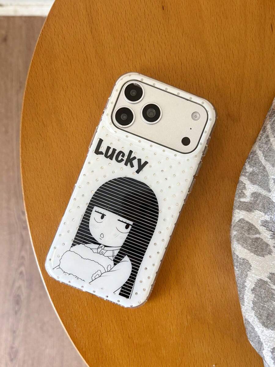 1件黑白卡通女孩印花手機殼，銀色波點邊框「Lucky」字母大相機視窗，亮面硬殼保護套，適用於 18 Pro Max/17/16 Pro/15 Pro/14 Pro/13/12/11，Y2K美學手機殼 - 黑白波點爽子 - 查看 1