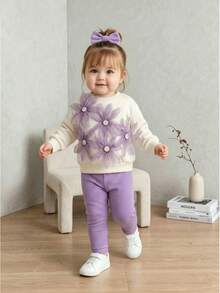 2pcs Baby Girl Sweet Mori Style 3D Floral Long Sleeve Sweatshirt & Leggings Set, Thin Spring/Autumn - Mauve Purple - View 1