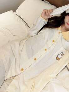 Gongdie 2pcs Miffy Women Pajama Set, Autumn White Polka Dot Soft Modal Cotton Loungewear, Contrast Collar And Pocket Design - Beige - View 6