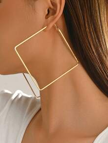 1pair Sexy & Exaggerated Metallic Geometric Square Hoop Earrings For Women - Gold - View 6