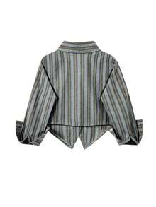 Vintage Inspired Women's Short Shirt With Long Sleeves, Striped Pattern, Shirt Collar, And Unique Asymmetrical Hem With Chain Accent Casual - Multicolor - View 2