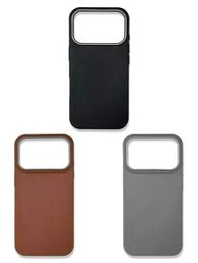 1 Set 3pcs Solid Color Lychee Texture Faux Leather Large Window Phone Case Covers, Black / Caramel Brown / Premium Gray Minimalist Solid Color Leather Texture Full Coverage Protective Shell, Raised Camera Frame Anti-Drop Anti-Slip Soft Shell, Business Commute Premium Style, Autumn/Winter Bestselling Phone Case, Suitable For Personal Use, Birthday Gift Choice; Compatible With IPhone Case & Galaxy Case, Compatible With IPhone 17/17 Pro/17 Pro Max - Multicolor - View 13