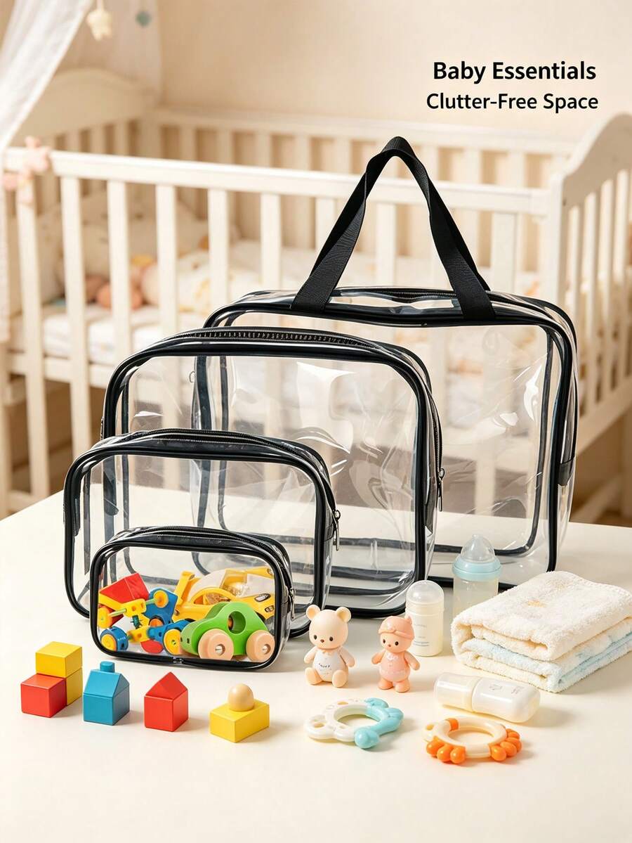 6/3/1pc 3 Sizes Black Transparent PVC Storage Bags, Portable Zipper Children's Toy Storage Bags With Handle, Baby Room Waterproof Storage Bags - Multicolor (Black) - View 1