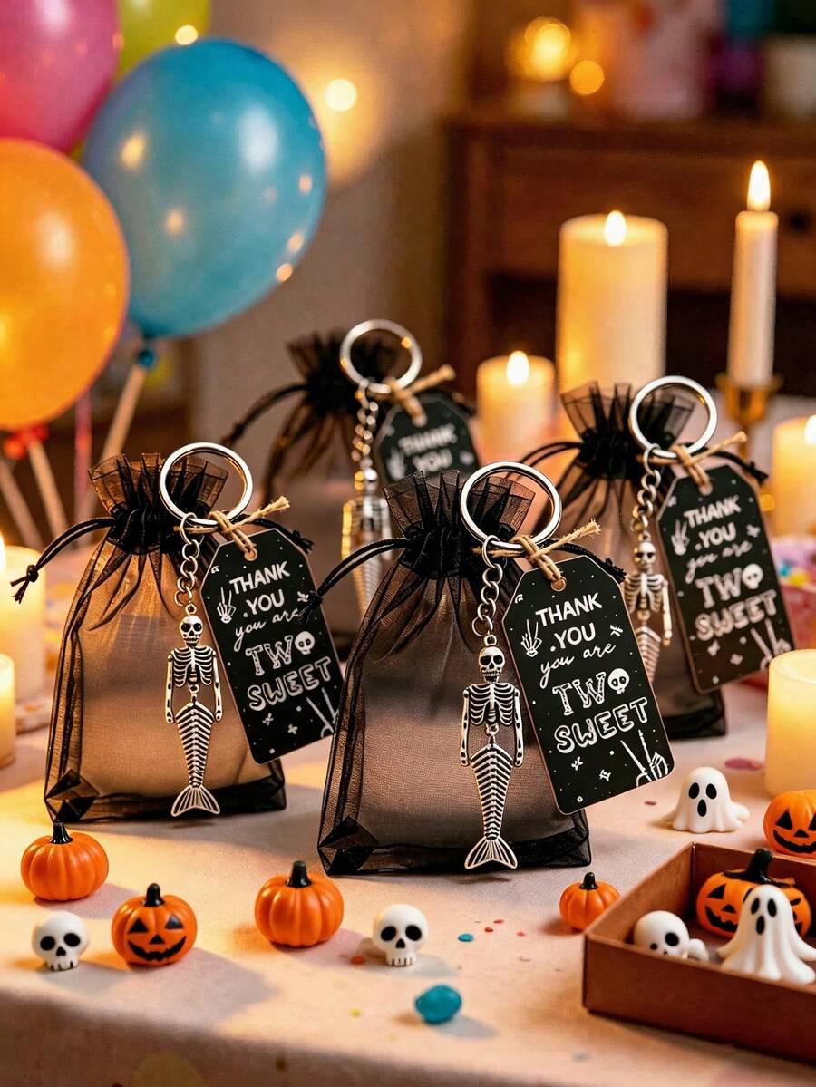 12pcs Halloween Party Gothic Style Skull Pattern Packaging Bags, Halloween Cards, Keychains, Black Gift Bags Funny Gifts, Party Gift Set, Drawstring Small Accessory Packaging Bags, Suitable For Halloween Party Decoration, Theme Party Tabletop Decoration - View 1