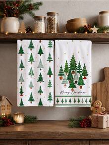 2pcs Christmas Minimalist Christmas Tree Illustration Merry Christmas Pattern Kitchen Towels, Soft Polyester Material Dish Cloths, Suitable For Kitchen Decoration, Kitchen Cleaning, Holiday Party Decoration, Kitchen Bathroom Supplies Home Essentials, Home Decor, Housewarming Gift - Multicolor - View 2