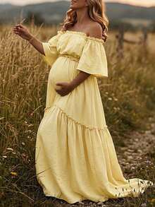 Maternity Open Shoulder Layered Short Sleeve Chiffon Fabric Slightly Elastic Long Dress, Ruffle Hem Train Skirt Yellow Fall - Yellow - View 1