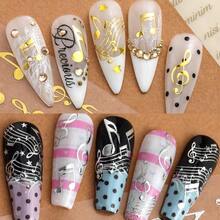 3D Music-Themed Nail Stickers, Self-Adhesive Designs Featuring Musical Notes, And Piano Keys In Black, White, Gold, And Silver, Autumn Y2K Gothic Style Nail Art Decals For DIY Manicures And Salon Use (8/4/2PCS) - Multicolor - View 8