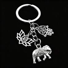 Medvang 1pc Bohemian Multi‑Charm Keychain, Hamsa Hand Lotus Om Symbol & Elephant Silver Metal Key Ring Bag Charm Spiritual Gift - A - View 2