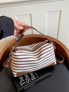 1件棕色尼龍布料平滑拉鍊金屬扭鎖可調節肩帶條紋圖案時尚百搭休閒極簡新款優雅小眾女款手提包，適合日常使用 - 棕色 - 查看 2