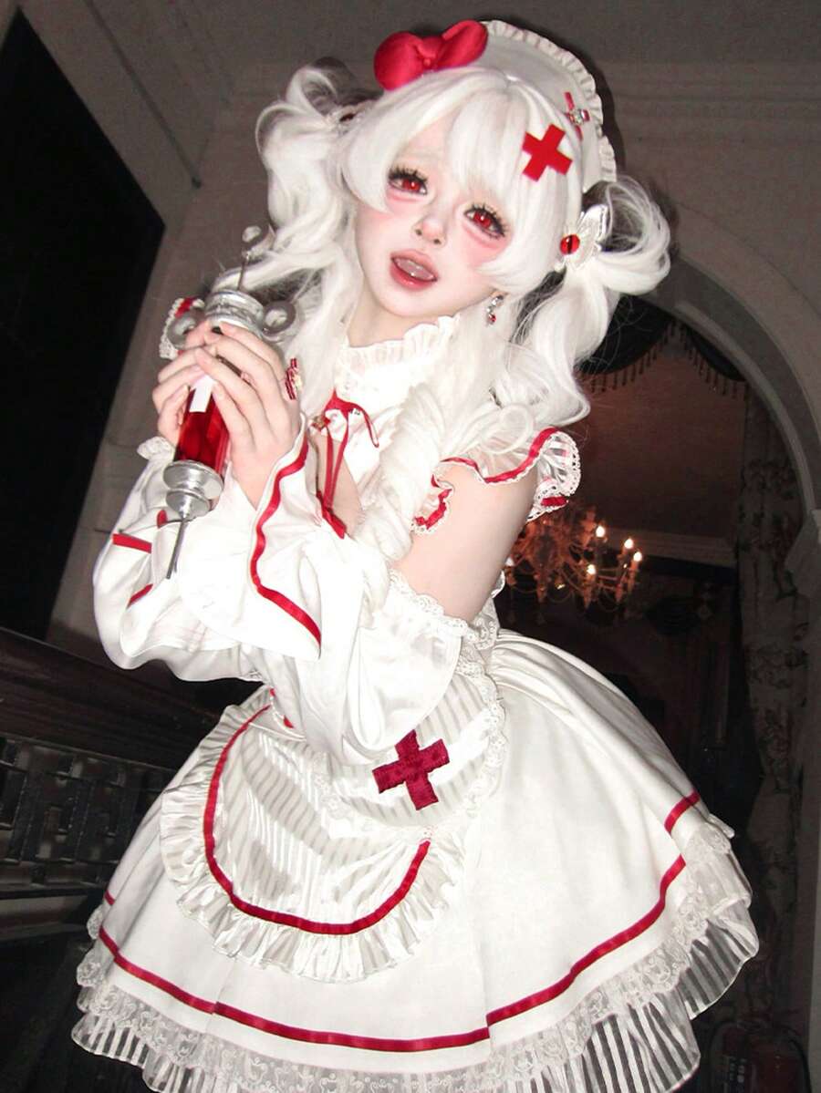コスプレ衣装 ナース メイド服 3 点セット トップス パフスカート アームカバー 白地 赤ライン ストライプ柄 レース装飾 キュート ゴスロリ ハロウィン イベント コミケ 仮装 コスチューム レディース 可愛い 甘め フリル付き パーティー 変装 撮影用 - ホワイト - チェックする 1