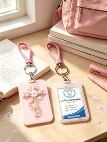 1pc Pink Floral Cross Butterfly Card Holder With Pink Braided Lanyard, Waterproof And Dirt-Resistant Protective Case For Student ID, Access Card, Bus Card, Prevents Bending And Wear, Suitable For School, Office, Daily Commute, Back To School Essential, Gift Option - Rectangle - View 6