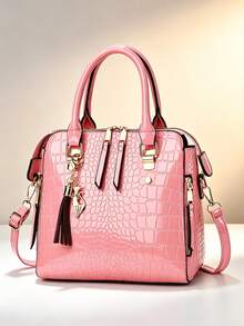 Tas Tangan Wanita Motif Buaya Mengkilap Kulit Paten Hijau dengan Pegangan Atas, Tas Selempang Bahu yang Dapat Dilepas dengan Liontin Rumbai - Hijau - View 15