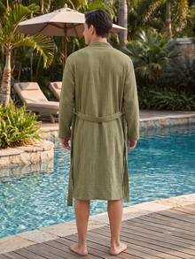 1pc Men's 100% Cotton Double Layer Gauze Casual Long Sleeve Bathrobe, Moisture-Wicking Quick-Dry Loungewear Sleepwear, Loose Fit Long Robe Suitable For Spring, Summer, Autumn - Olive Green - View 4