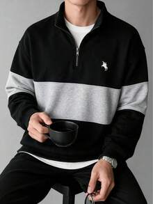 Men's Black & Grey Horizontal Striped Colorblock Half-Zip Sweatshirt, Small Horse Rider Logo Print On Chest, Dropped Shoulder, Casual Pullover Sweatshirt For Autumn/Winter/Spring - Black - View 1