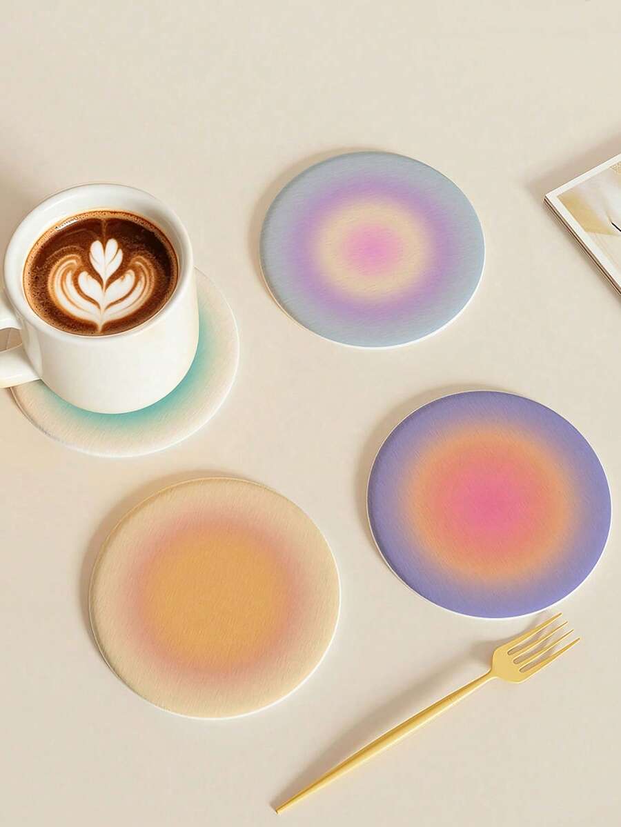 1/4/8pcs Gradient Halo Print Wooden Coasters, Colorful Gradient Round Wooden Coasters, Non-Slip Coasters, Suitable For Modern Home Kitchen, Bar, Office, Aesthetic Desktop Decor - Multicolor - View 1