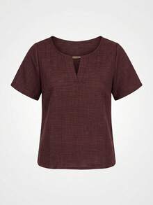 Aletheia - Blusa Feminina Manga Curta Decote V Tubinho Dunas Linho Blusas Femininas Elegante Camisetas - Marrom - Visão 7