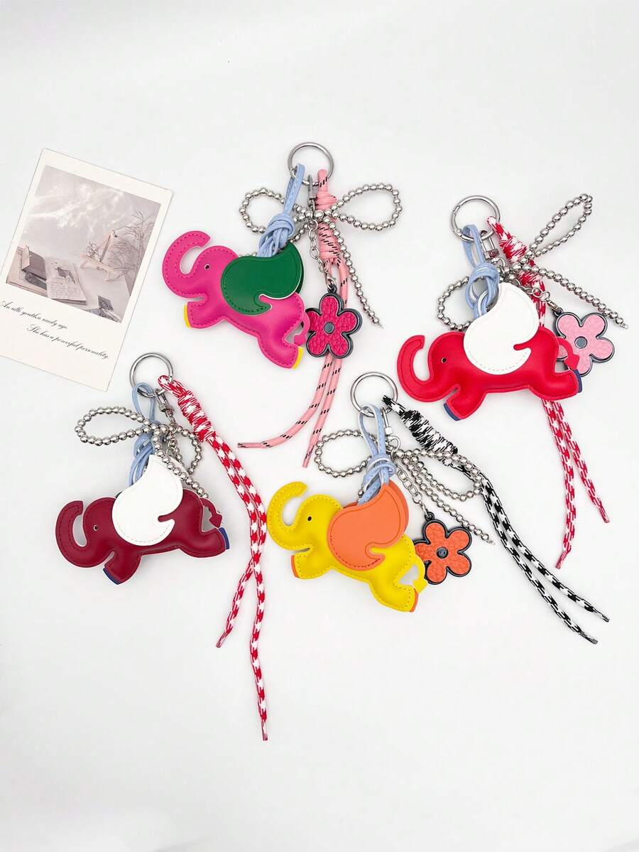 1pc/2pcs Exquisite Cartoon Elephant Bag Charm, Fashion Leather Large Flower Bow Bag Accessory, Charming Backpack Keychain Pendant, Shopping Bag Decoration, Women's Accessory, Shoulder Bag Pendant, Cute Gift