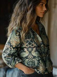 YI XUAN Camisa de moda con estampado retro para mujer talla grande, diseño con bolsillo doble delantero, primavera - Verde - Ver 8