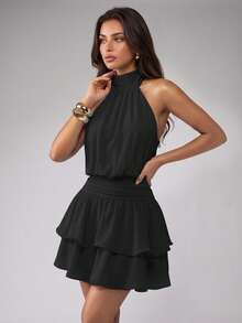 Elegant Fashionable Black Halter Neck Backless Layered Ruffle Mini Dress - Wedding Party Fall - Black - View 6