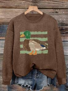 Women's Crew Neck Sweater, Printed Pattern Top, Fashionable Autumn/Winter Style, Suitable For Daily Wear - Dark Ochre - View 1