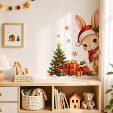 Christmas Bunny Door Decal, Cute Rabbit Peeking Wall Sticker With Christmas Tree And Gift Box, Holiday Home Decoration Sticker For Bedroom Living Room Door - Christmas Wall Decals - View 3