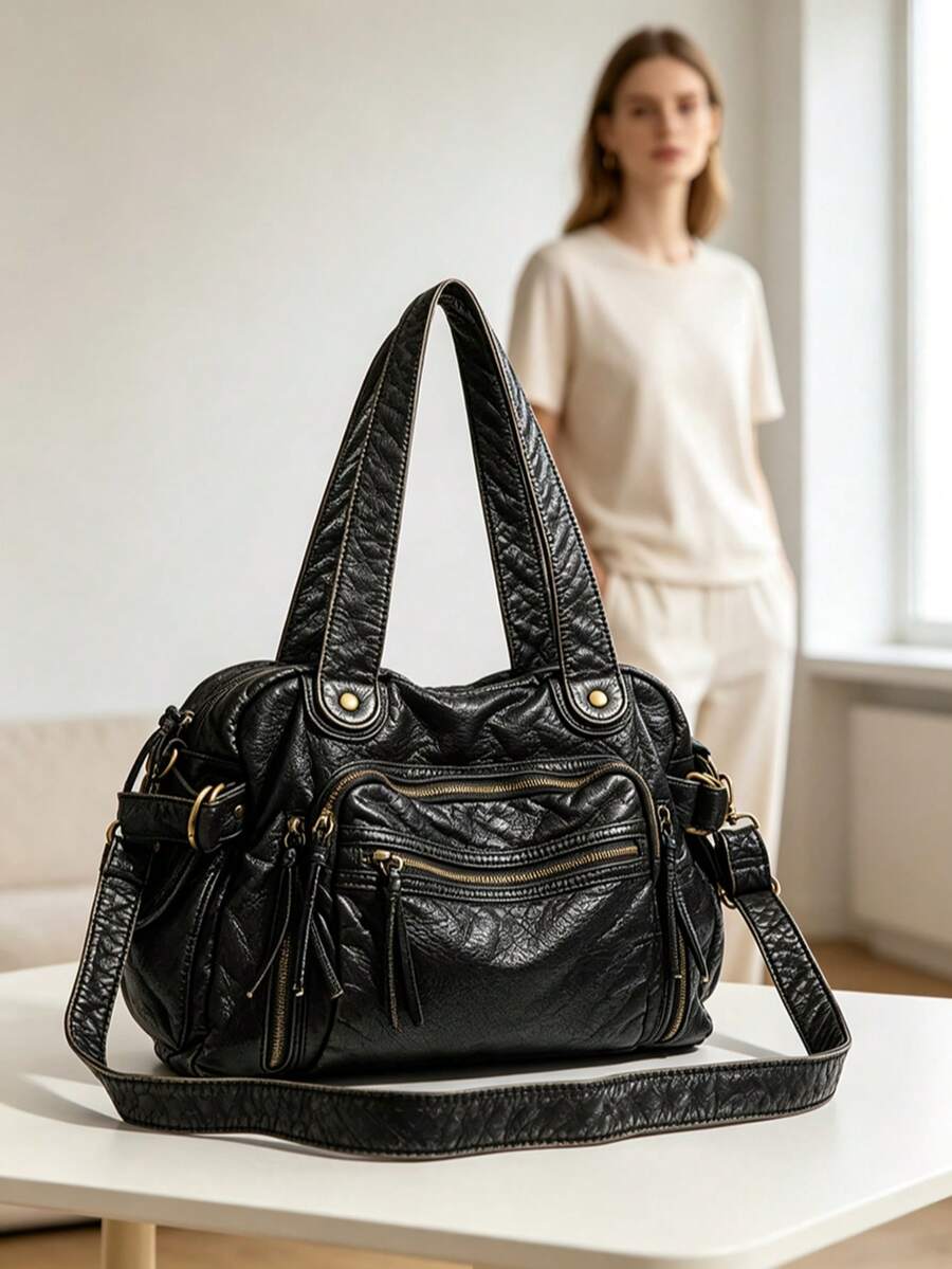 1pc Black Vintage Distressed Leather Multi-Zipper Pocket Handbag & Crossbody Bag, With Brass Hardware, Women's Casual Daily Commute Style - Multi-color - View 1