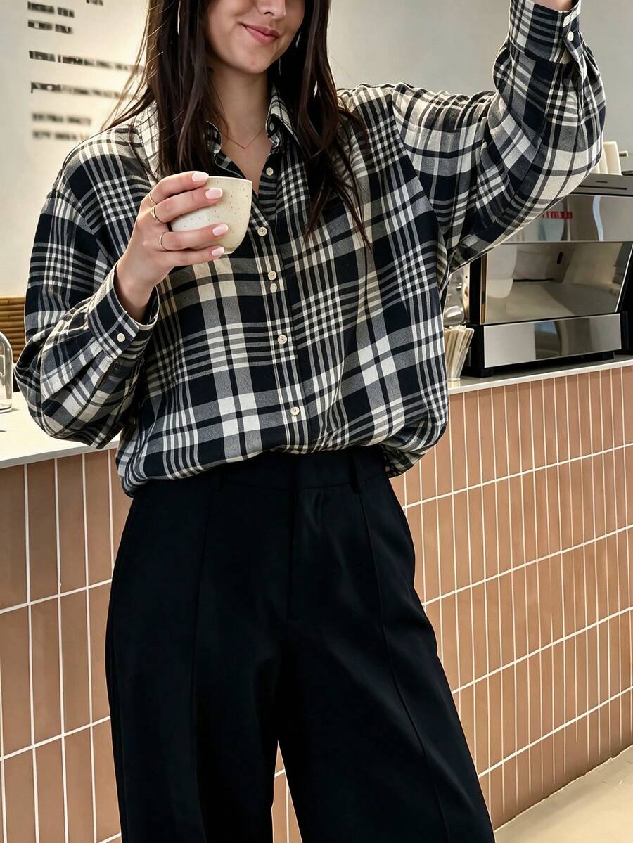 Women's Chic Plaid Button Front Collared Long Sleeve Shirt For Casual, Home, Office, Vacation, Holiday, Spring Fall Winter - Black and White - View 1