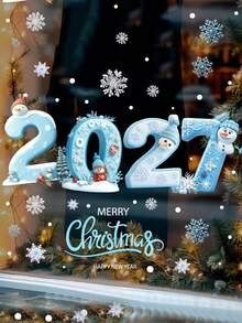 قطعة واحدة ملصق نافذة عيد الميلاد 2027، ملصق زجاجي بالالتصاق الساكن، نمط رجل الثلج والندفة الثلجية وشجرة عيد الميلاد، مناسب للنوافذ والجدران وغيرها، مثالي لديكور حفلة الشتاء وديكور عيد الميلاد - متعدد الألوان - مشاهدة 2