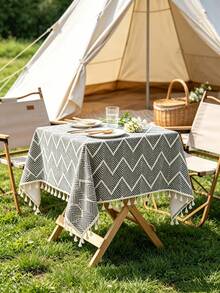 MineLain 1pc European Minimalist Grey Wavy Pattern Small Square Tablecloth, Beige Tassel Decoration, Bedside Table, Small Table Cover, Easy To Carry, Tabletop Decor, Room Decor, Daily Home Decor, Suitable For Bedroom, Living Room, Study, Picnic, Camping, Outdoor Decor, All Season, Autumn Decor - Grey - View 4