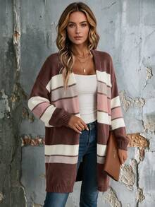 Women Casual Multi Color Fall Striped Knit Cardigan, Long Sleeve Open Front Loose Midi Daily Outerwear - Multicolor - View 6