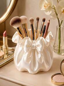 1pc Drawstring Satin Large Bow Makeup Brush Storage Bucket, Elegant Desktop Cosmetic Organizer, Vanity Bathroom Decor Makeup Storage Box, Multifunctional Storage Bucket For Beauty Tools And Small Accessories, Bathroom Accessories, Toothbrush - Multicolor - View 3