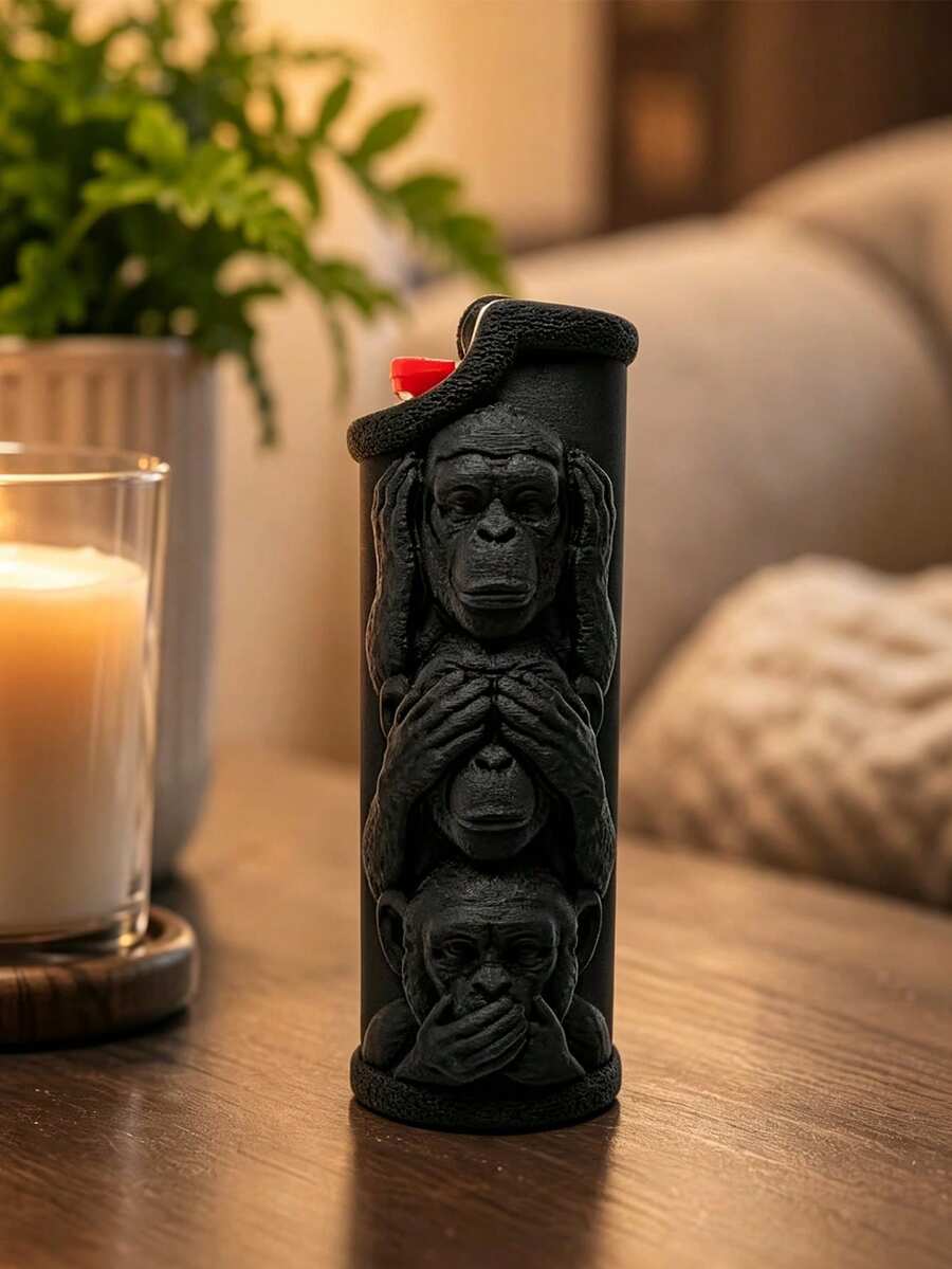 Three Monkeys Lighter Case 3D Printed Creative Cool See No Evil Hear No Evil Speak No Evil Monkey Lighter Shell Men's EDC Christmas Father's Day Creative Gift Boyfriend Birthday Gift (Shell Only, Suitable For Bic Lighter) - Multicolor - View 1