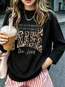 Plus Size Women's Leopard "Praise The Lord" Faith Letter Graphic Long Sleeve Tee, Moderate Stretch Crewneck Loose Christian Casual Fall Top - Black - View 3