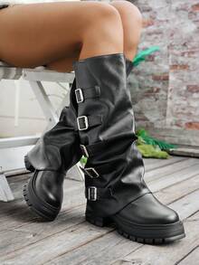 Women's Ruched Tall Boots, New High Shaft Riding Boots, Platform Thick Sole Stacked Leg Boots, Knee-High Boots - Black - View 2