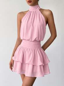 Elegant Fashion Pink Halter Neck Backless Layered Ruffle Mini Dress Wedding Party Fall - Pink - View 6