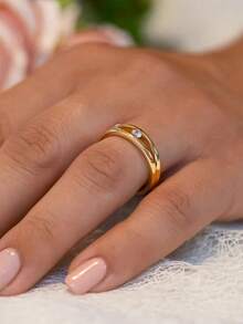 18K Gold Plated Double Ring Rhinestone Studded Gold Ring, French Style Ring, Women's Luxury Gift Jewelry - Gold - View 5