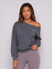 Never me Women's One-Shoulder Cold Shoulder Sports Sweatshirt, Loose Fit Long Sleeve Pullover, Casual Daily Workout Top For Autumn/Winter - Dark Grey - View 3