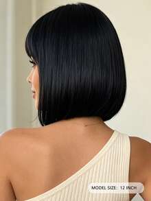 12 Inch Black Air Bangs Wig, Natural Style, Soft Hair, Suitable For Daily Wear And Party Events, Halloween - Black - View 6