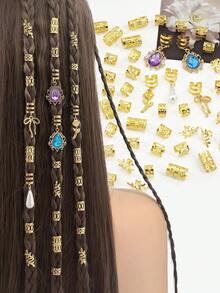 55pcs Luxury Alloy Filigree Inlaid Rhinestone Hair Jewelry Accessories Pendant, DIY Hair Beads Braiding Hair Clips Decoration - Gold - View 2